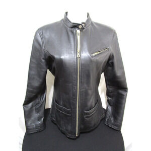 Black Leather Zip Up Quilt Lined Moto Jacket Women Sz M/L